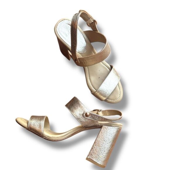 Joie Women's Lakin Leather Gold Metallic Block Heeled Strappy Sandals Sz 38 - Picture 3 of 11
